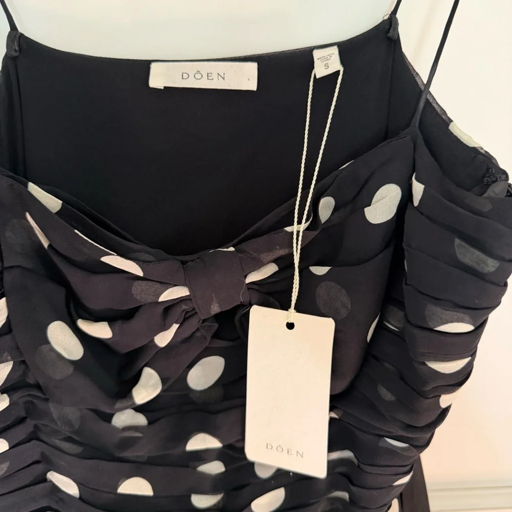 DÔEN Maryanna bow-detailed ruched polka-dot silk-georgette midi dress NWT - Picture 6 of 10